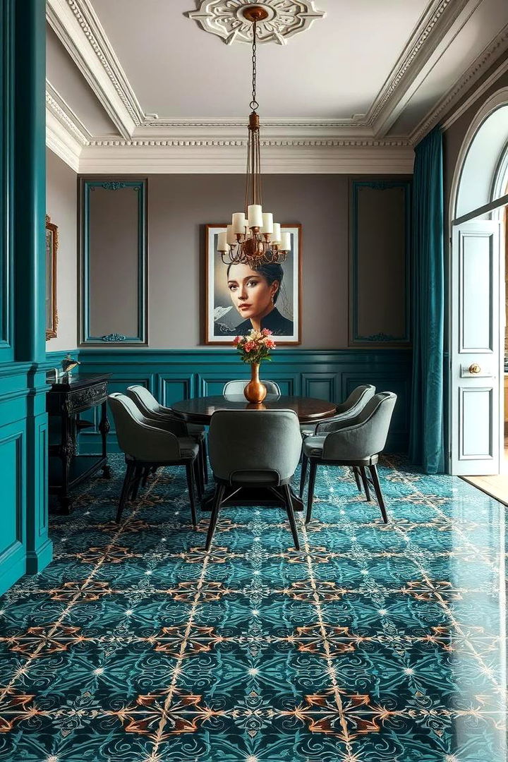 Bold Teal Patterned Flooring - 22 Teal Dining Room Ideas