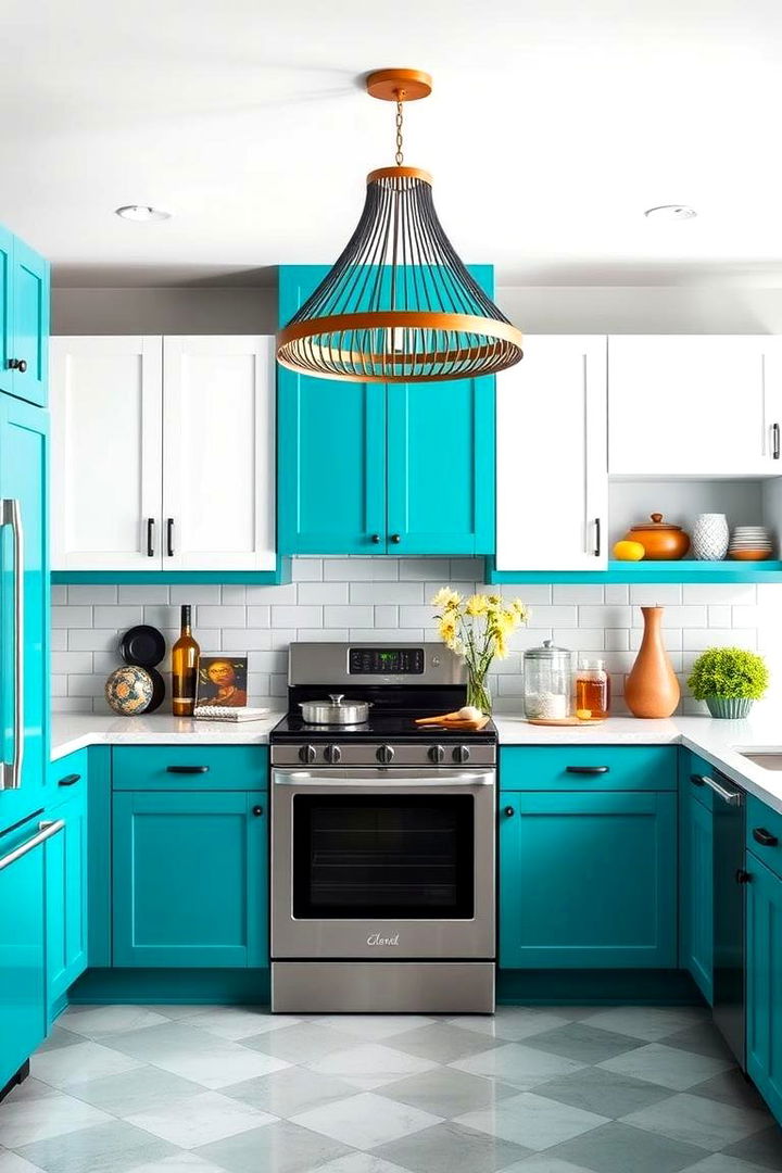 Bold Teal and White Kitchen with Statement Lighting - 22 Teal and White Kitchen Ideas