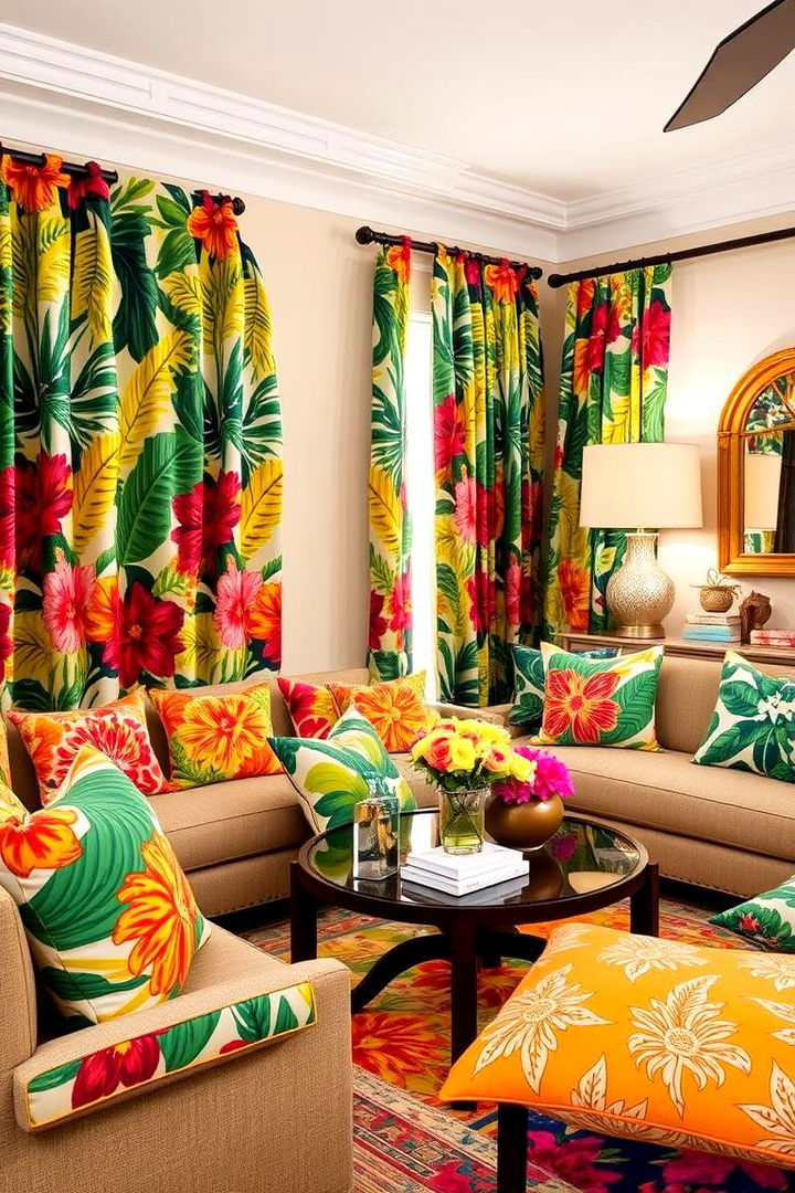 Bold Tropical Print Accents - 22 Tropical Living Room Ideas