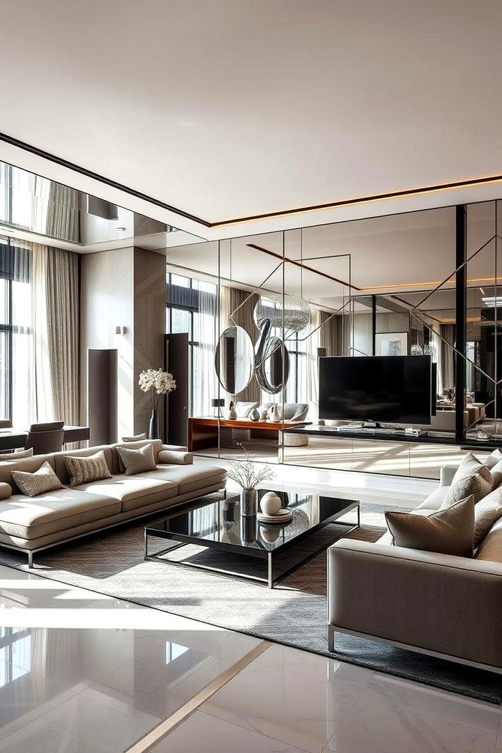 Bold Use of Geometric Shapes and Mirrored Surfaces - 22 Maximalist Living Room Design Ideas