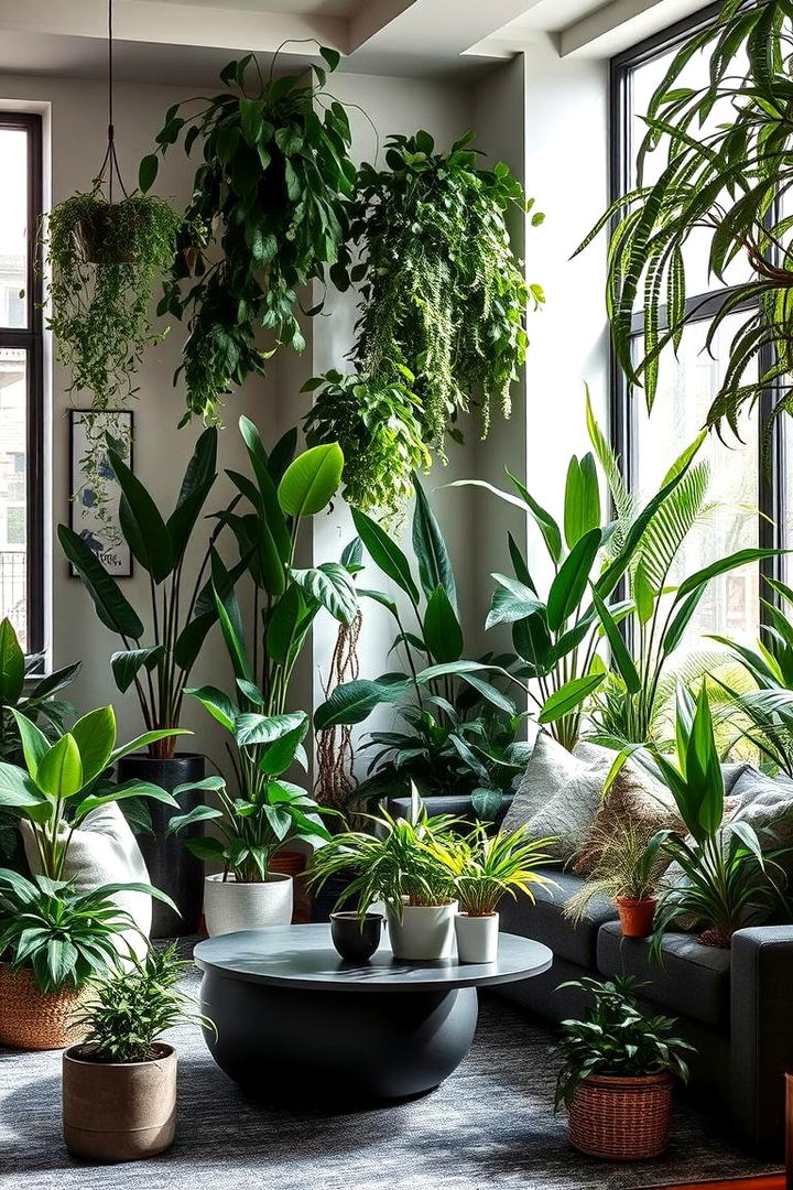 Botanical Chic Integrating Indoor Plants with Grey Accents - 22 Green and Grey Living Room Ideas