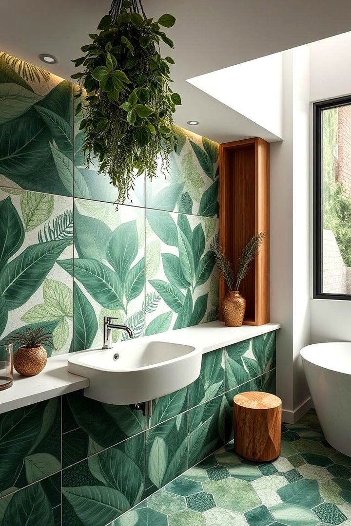 Botanical Green Tile Accents - 22 Green Tile Bathroom Ideas