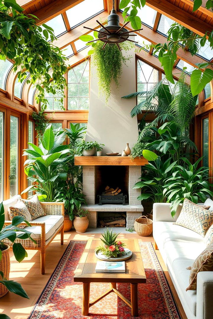 Botanical Indoor Garden Oasis - 22 Sunroom With Fireplace Ideas