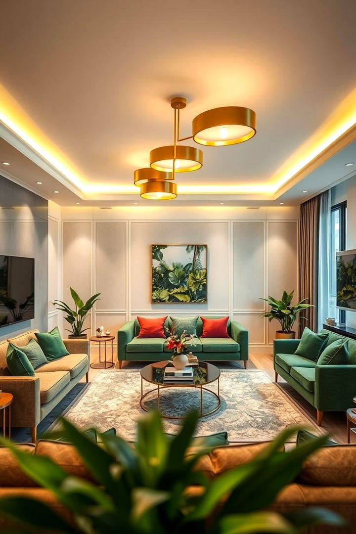 Bright Ambient Lighting - 22 Green and Gold Living Room Ideas