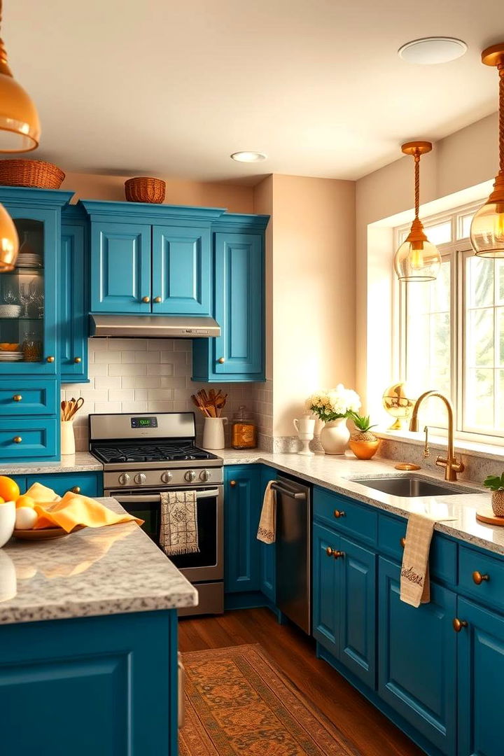 Bringing Warmth to Cooking Spaces - 22 blue kitchen cabinets with gold hardware