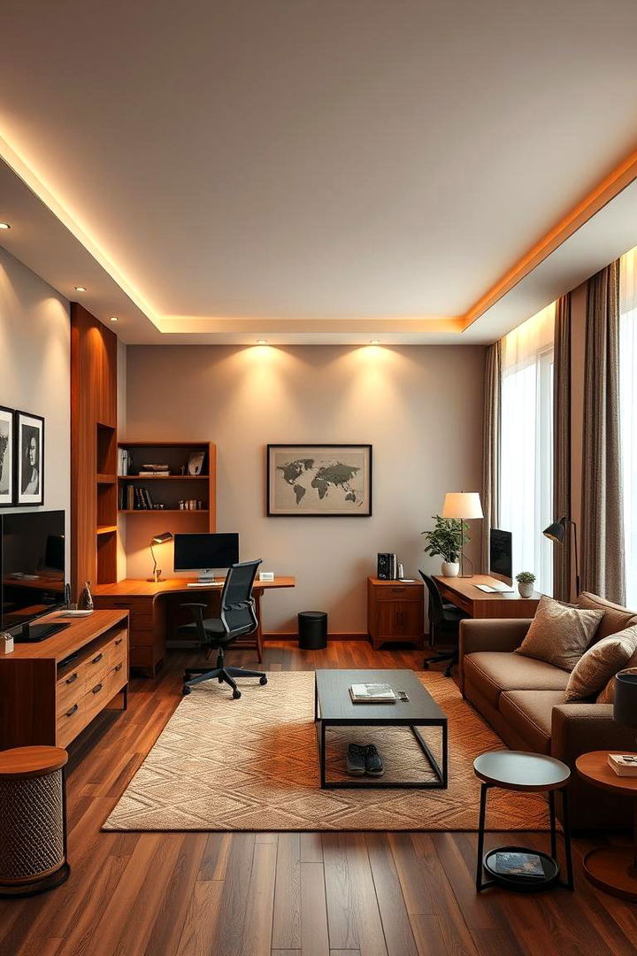 Brown Home Office Integration - 22 Brown Living Room Ideas