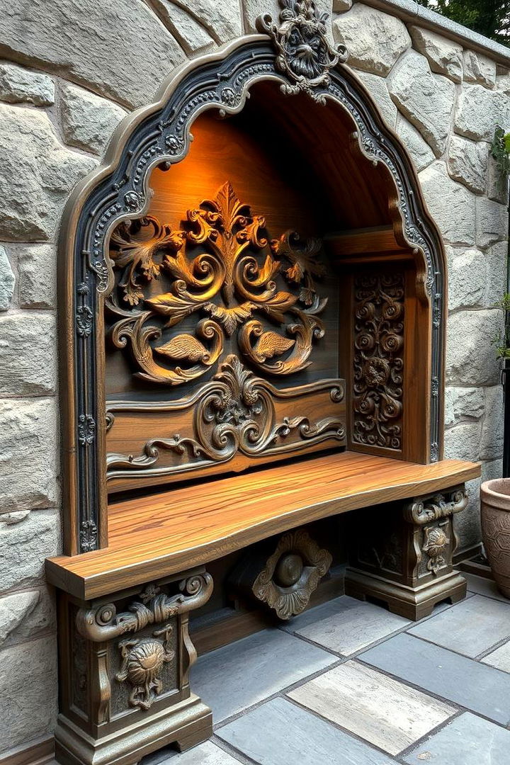 Built In Bench with Artistic Carvings - 22 Built-in Deck Bench Ideas and Designs