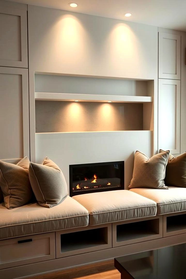 Built In Bench with Plush Cushions - 22 Fireplace Seating Ideas