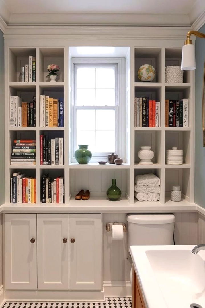 Built In Bookcases for Multi Purpose Storage - 22 Bathroom Wall Storage Ideas