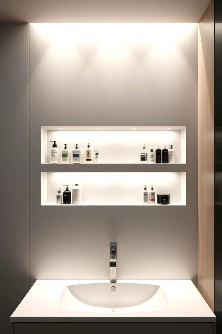 Built In Recessed Shelving for Streamlined Design - 22 Small Bathroom Shelving Ideas