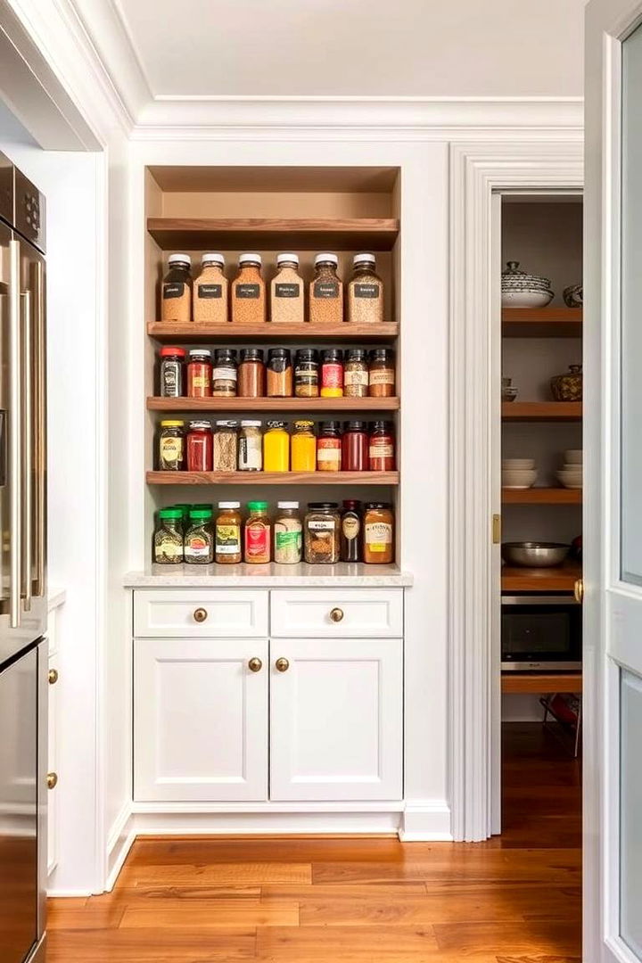 Built In Spice Wall Showcase - 22 Open Pantry Ideas