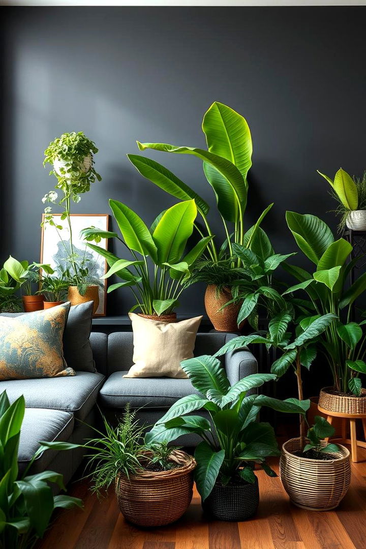 By Introducing Botanical Elements - 22 Contrasting Living Rooms With Dark Grey Walls