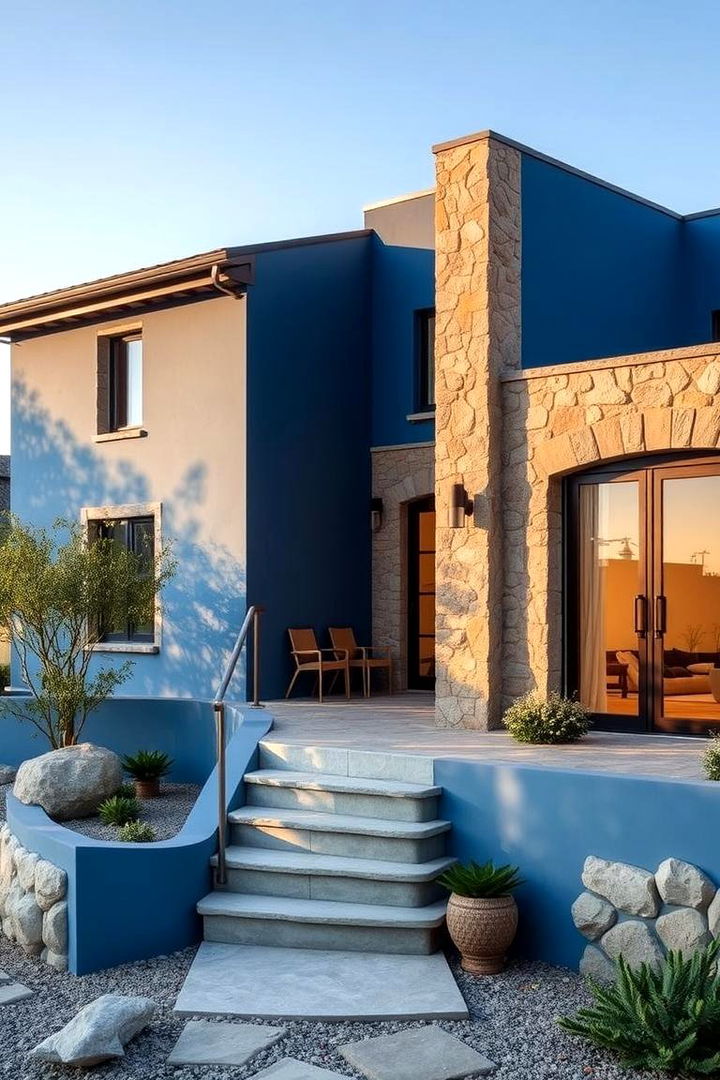 Calm Blue with Natural Stone - 22 blue exterior house paint ideas