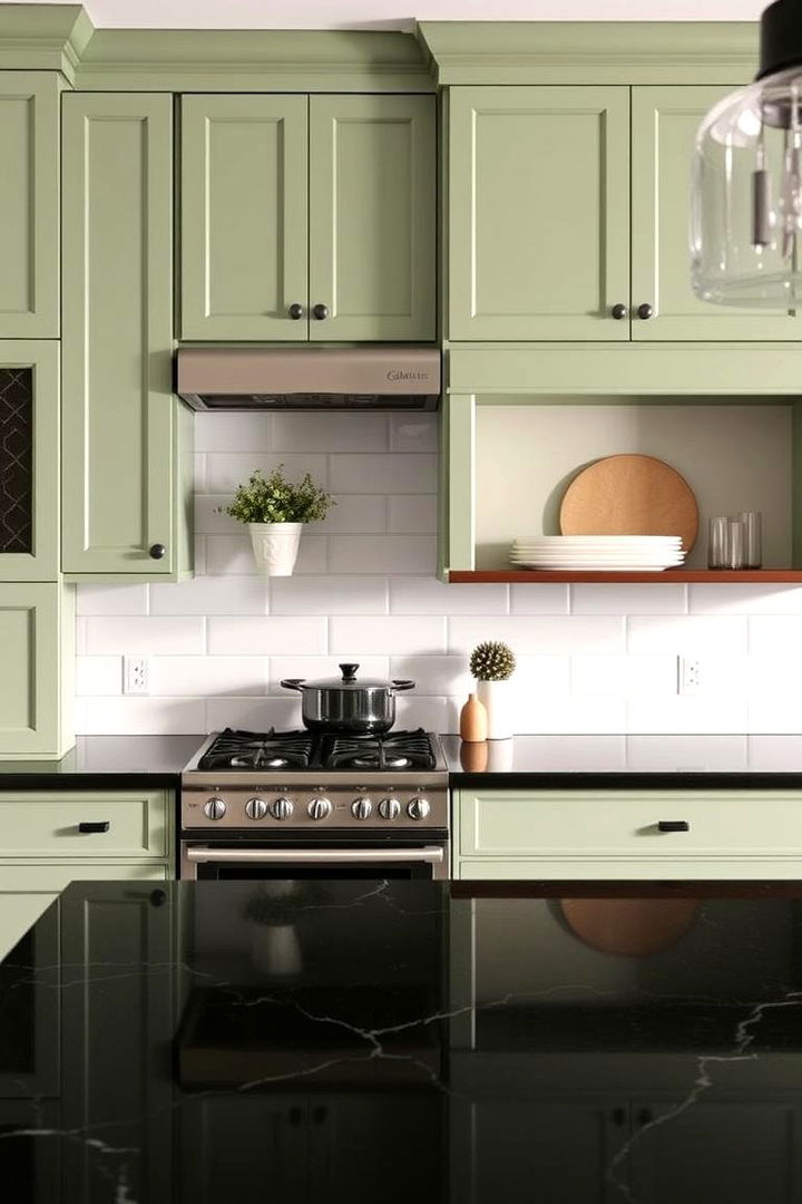 Calming and Inviting Atmosphere - 22 Green Kitchen Cabinets With Black Countertops