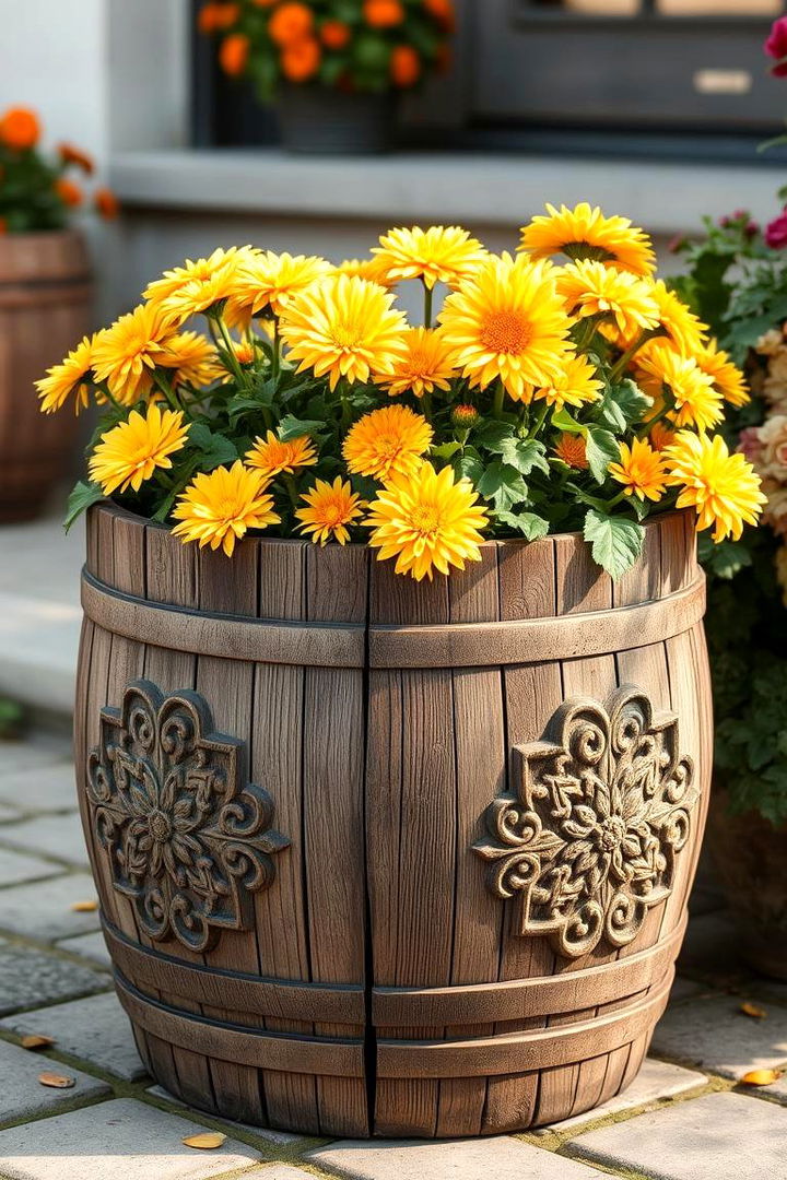 Carved Wooden Barrel Planter - 22 Fall Planter Ideas