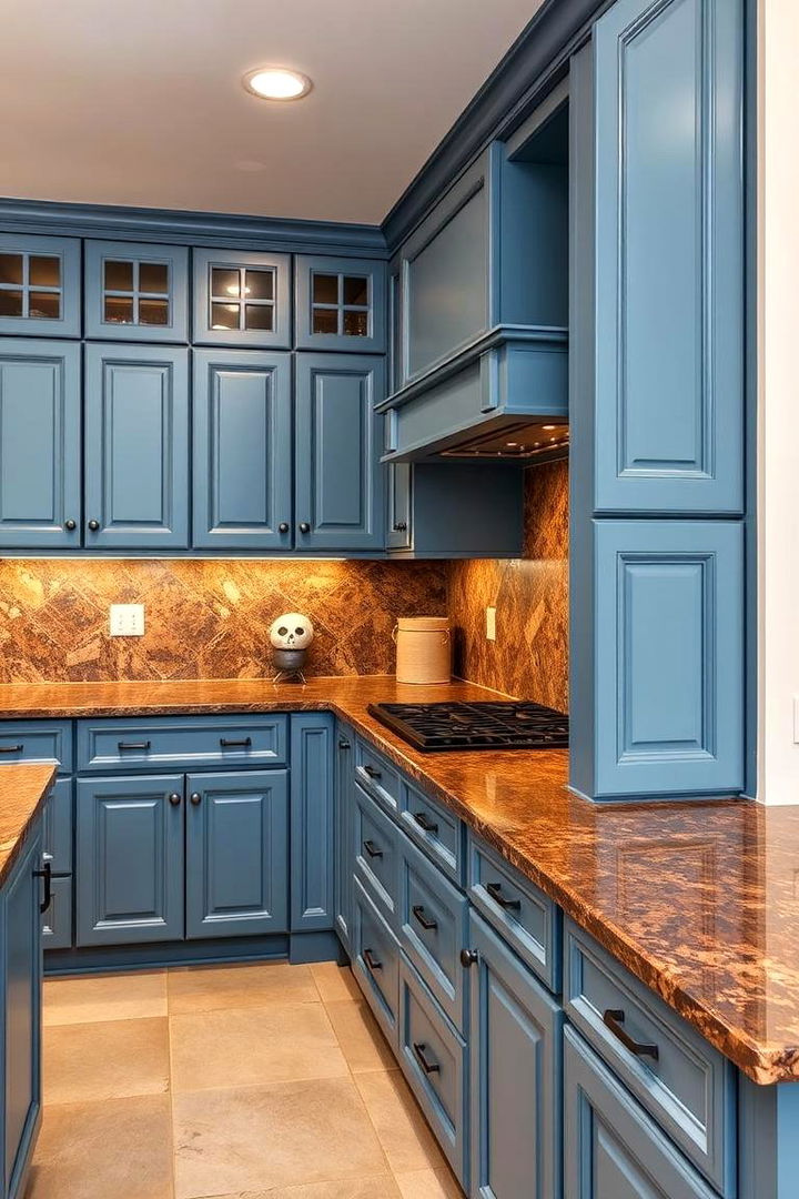 Celebrating Natural Materials in Design - 22 blue kitchen cabinets with brown granite countertops