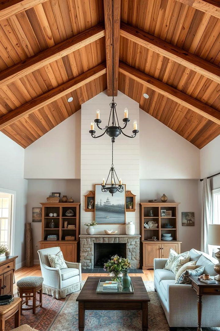 Chic Farmhouse Vaulted Living - 22 Living Room Vaulted Ceiling Ideas