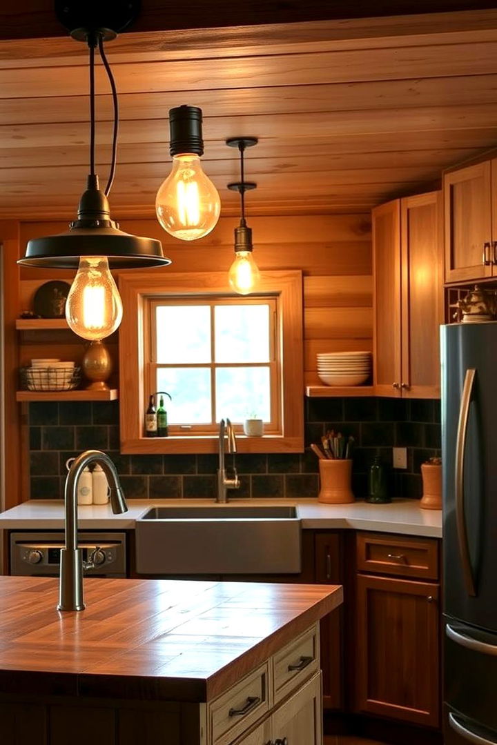Chic Industrial Lighting - 22 Cabin Kitchen Ideas