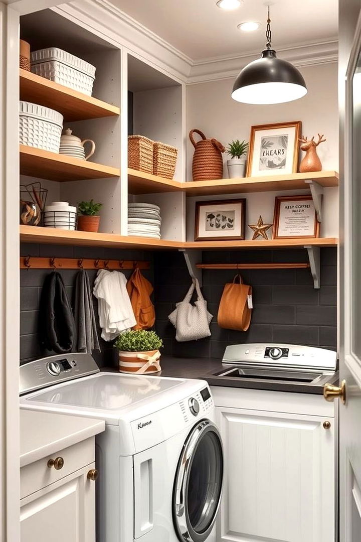 Chic Open Concept Shelves with Hooks - 22 Laundry Room Shelving Ideas