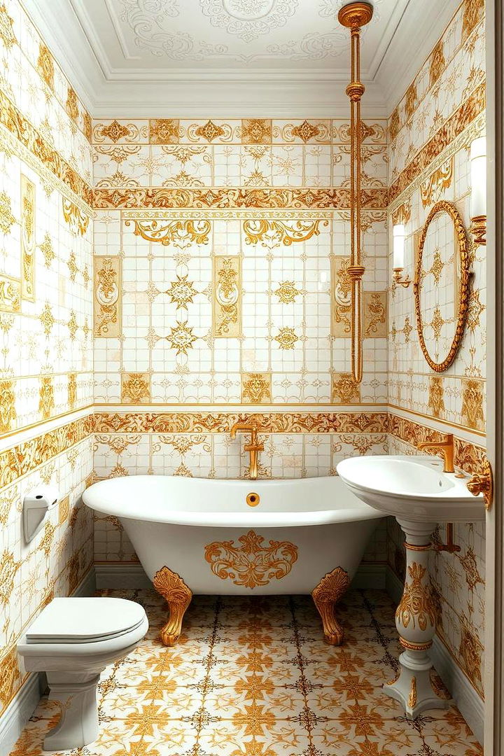 Classic Mosaic and Ornamental Detailing - 22 White and Gold Bathroom Ideas