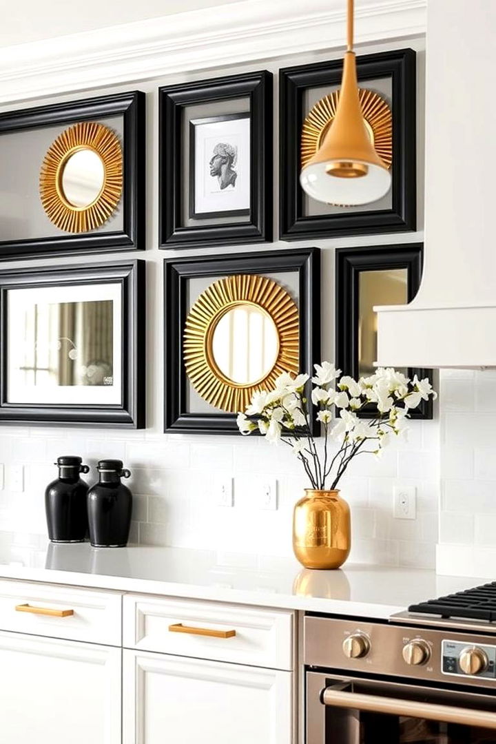 Classy Black Frames and Gold Mirror Accents - 22 Black and Gold Kitchen Ideas