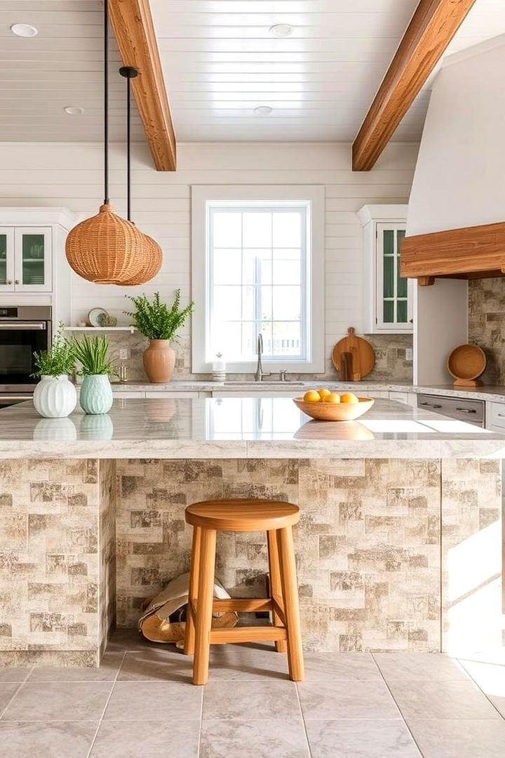 Coastal Style Island with Natural Tile and Wooden Seating - 22 Kitchen Island Ideas With Seating