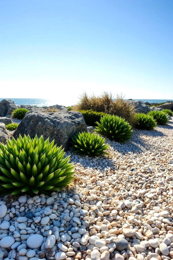 Coastal Vibe with Beach Pebbles and Bright Mulch - 22 Front Yard Landscaping Ideas With Rocks and Mulch