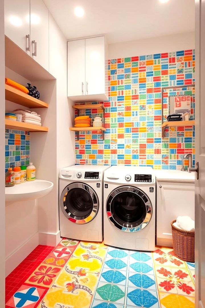 Colorful Accent Tile Arrangements - 22 Laundry Room Tile Ideas