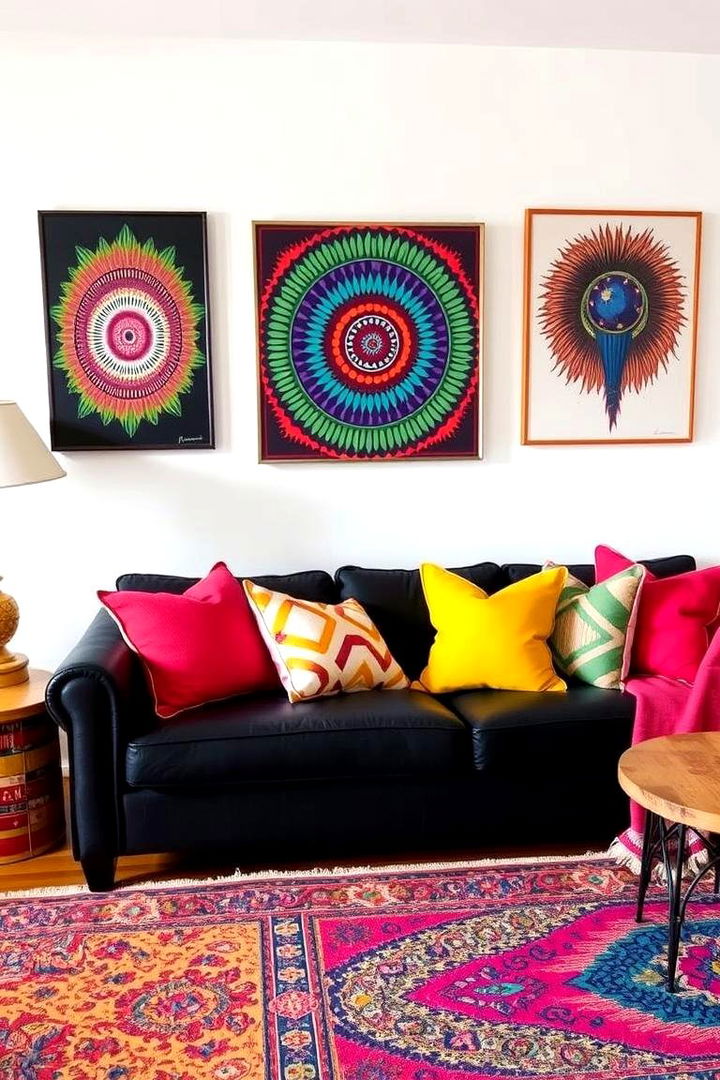 Colorful Accents Complementing a Black Couch - 22 Black Couch Living Room Ideas