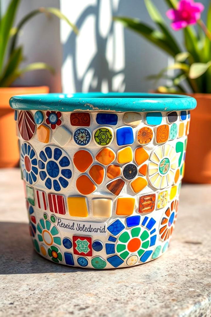 Colorful Mosaic Container Flair - 22 Fairy Garden Container Ideas