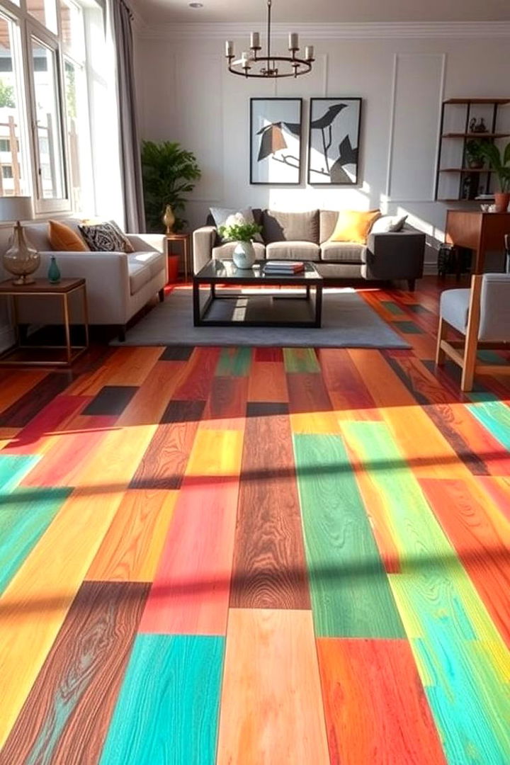 Colorful Stained Accents - 22 Living Room Wood Floor Ideas