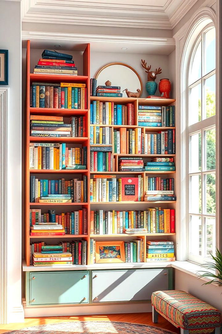 Colorful and Eclectic Bookcase Design Around Windows - 22 Bookcases Around Window Design Ideas