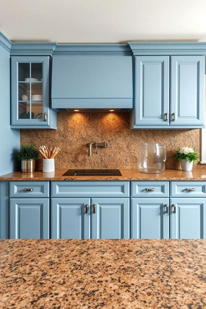 Combining Texture with Contemporary Shine - 22 blue kitchen cabinets with brown granite countertops