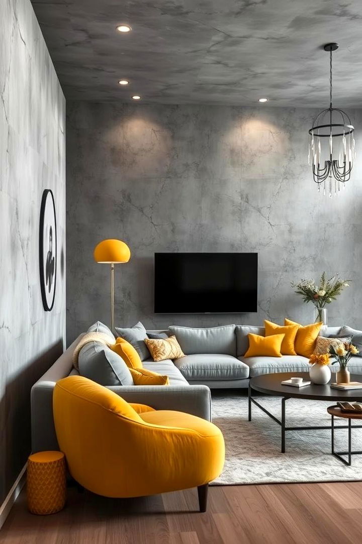 Combining Textures Grey Walls and Yellow Decor - 22 Grey and Yellow Living Room Ideas
