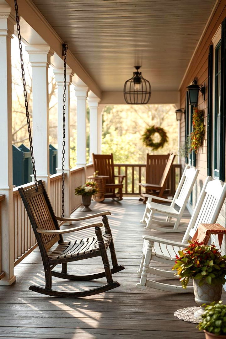 Comfortable Swing and Rocking Chairs - 22 Barndominium Front Porch Ideas