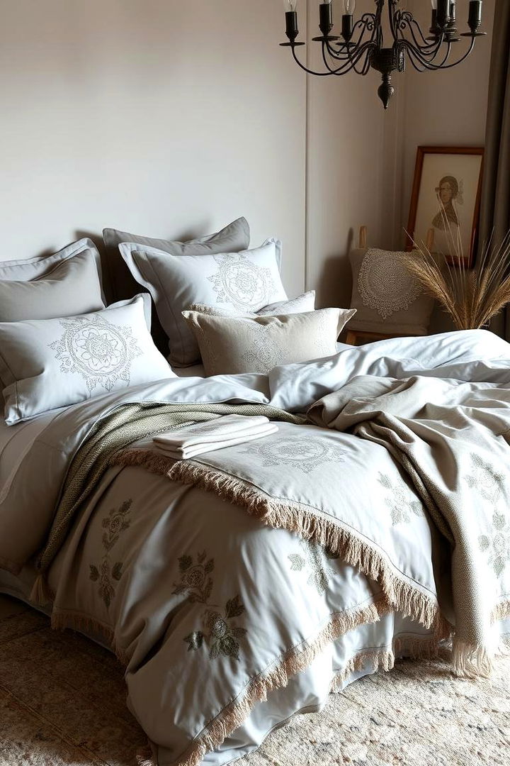 Comfy and Layered Bedding - 22 Grey Boho Bedroom Ideas