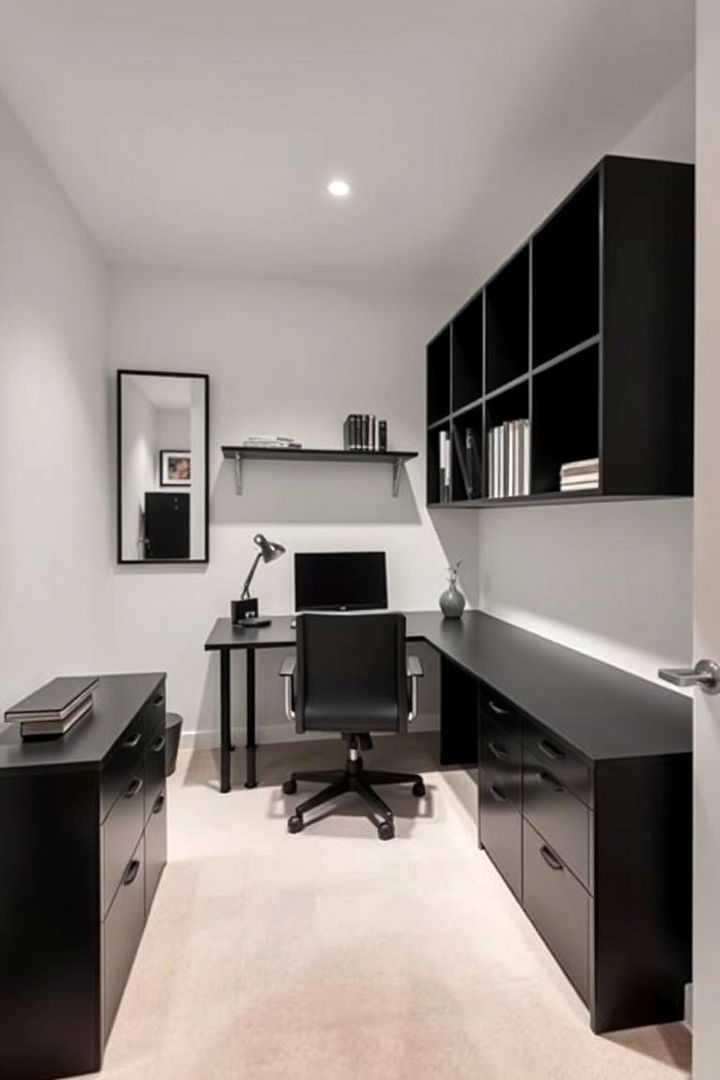 Compact Black Home Office Corner - 22 black basement ideas