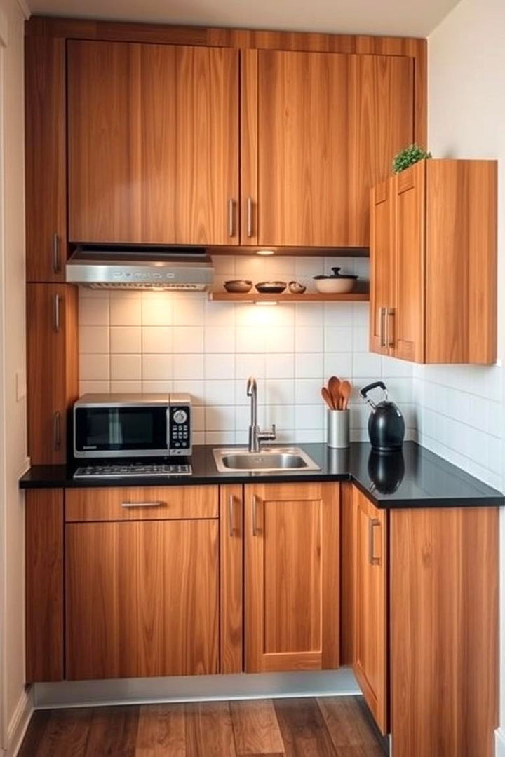 Compact Contemporary Retreat - 22 kitchen with brown cabinets and black countertops ideas