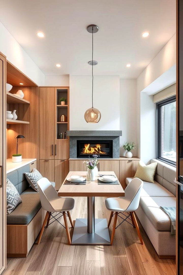 Compact Space Magic with Integrated Fireplace - 22 Dining Room With Fireplace Ideas