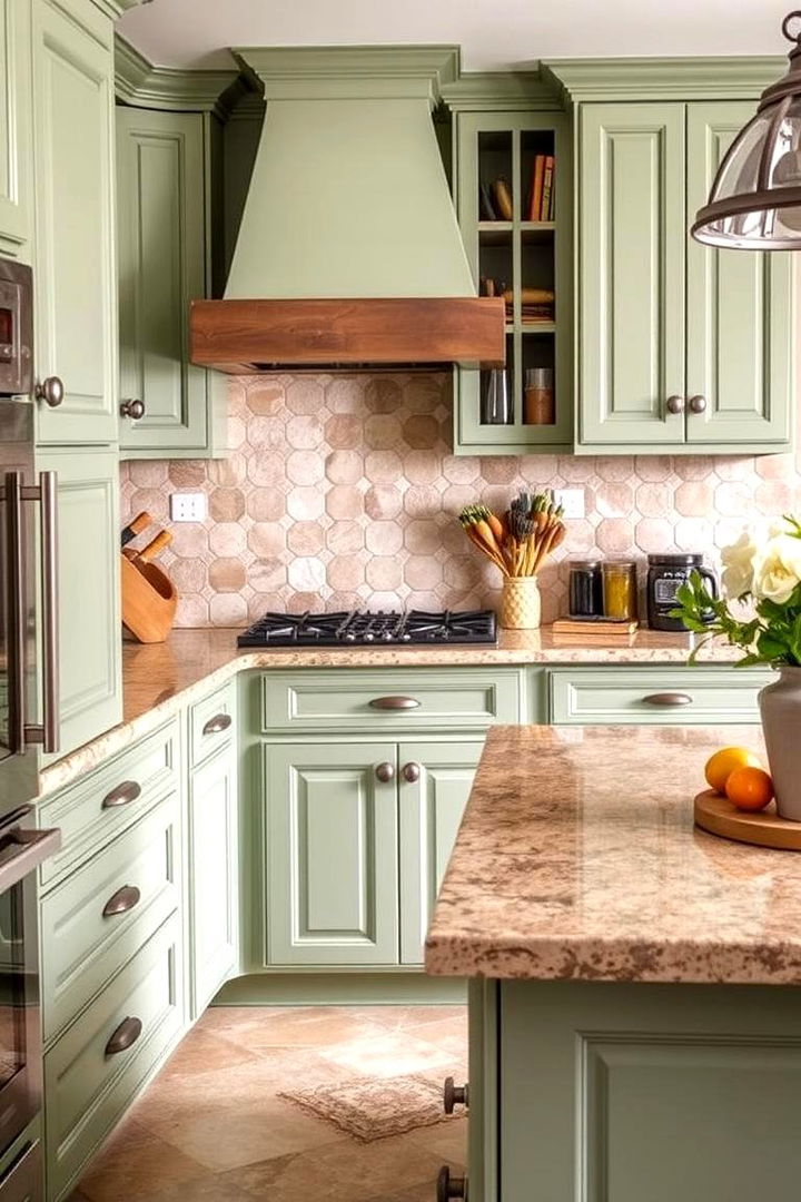 Complementary Pairings with Countertops - 22 Rustic Sage Green Kitchen Cabinets