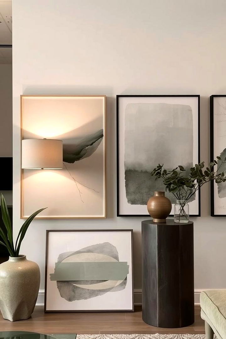 Contemporary Art in Muted Tones - 22 Sage Green and Grey Bedroom Ideas