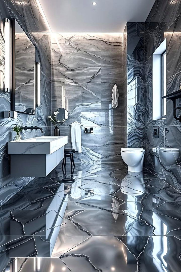 Contemporary Chic with Metallic Finishes - 22 Small Bathroom Flooring Ideas