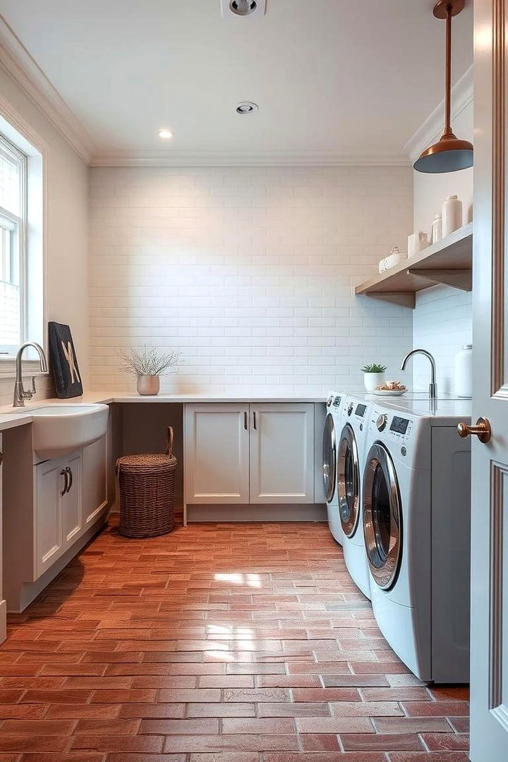 Contemporary Chic with Metallic Fixtures - 22 Brick Floor Laundry Room Ideas