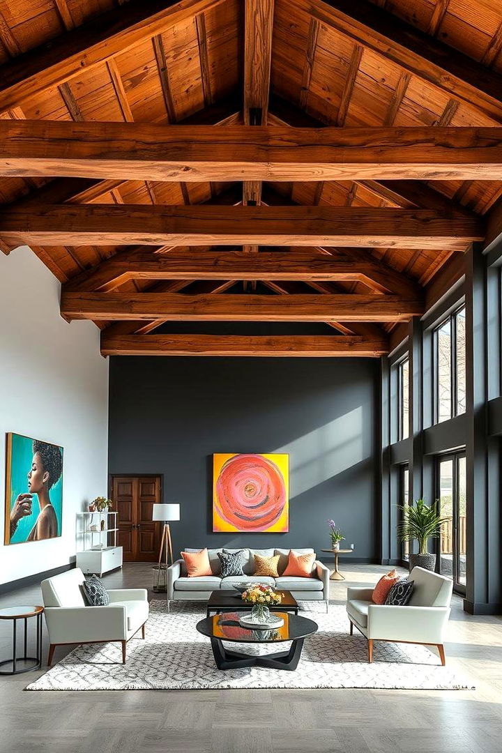 Contemporary Contrast with Bold Beam Features - 22 Exposed Beam Living Room Ideas