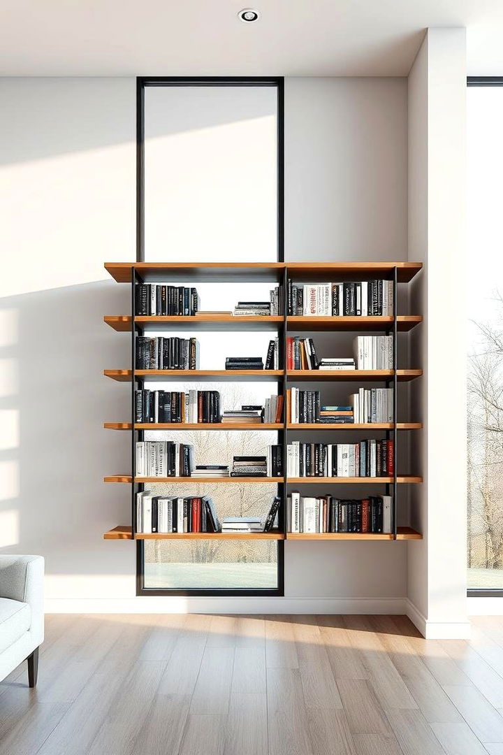 Contemporary Floating Bookcase Adjacent to the Window - 22 Bookcases Around Window Design Ideas
