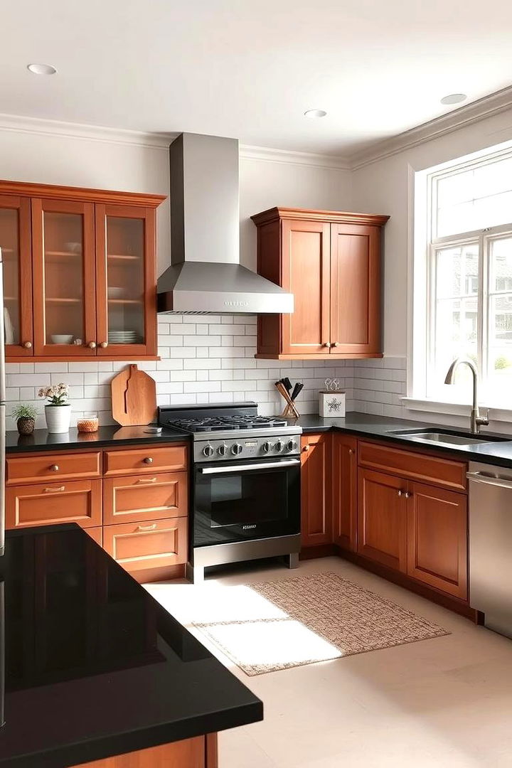 Contemporary Fusion of Classic and Modern - 22 Brown Kitchen Cabinets With Black Countertops