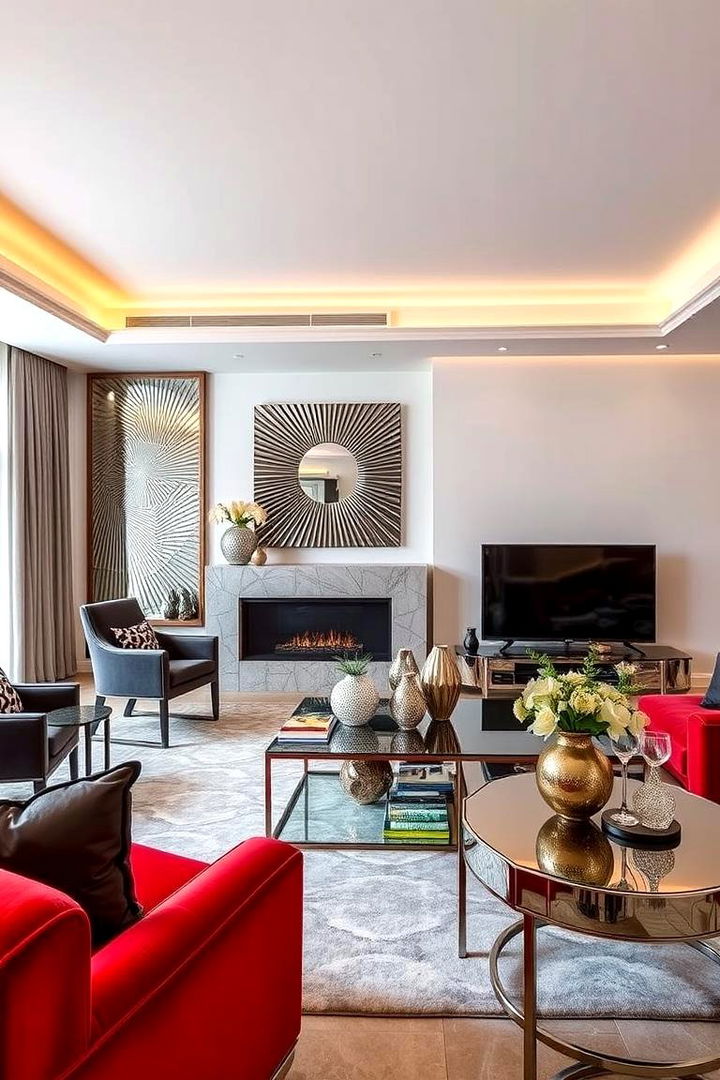 Contemporary Glam with Luxe Accents - 22 Red Couch Living Room Ideas