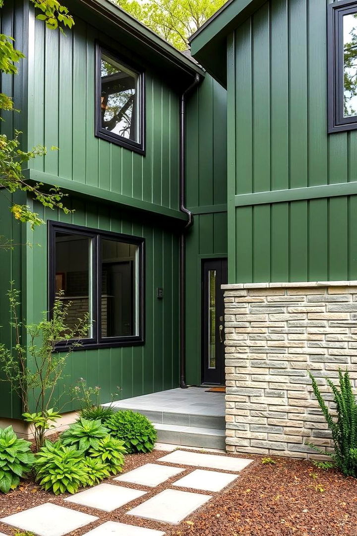 Contemporary Green Vinyl with Stone Brick - 22 Vinyl Siding and Brick Combinations