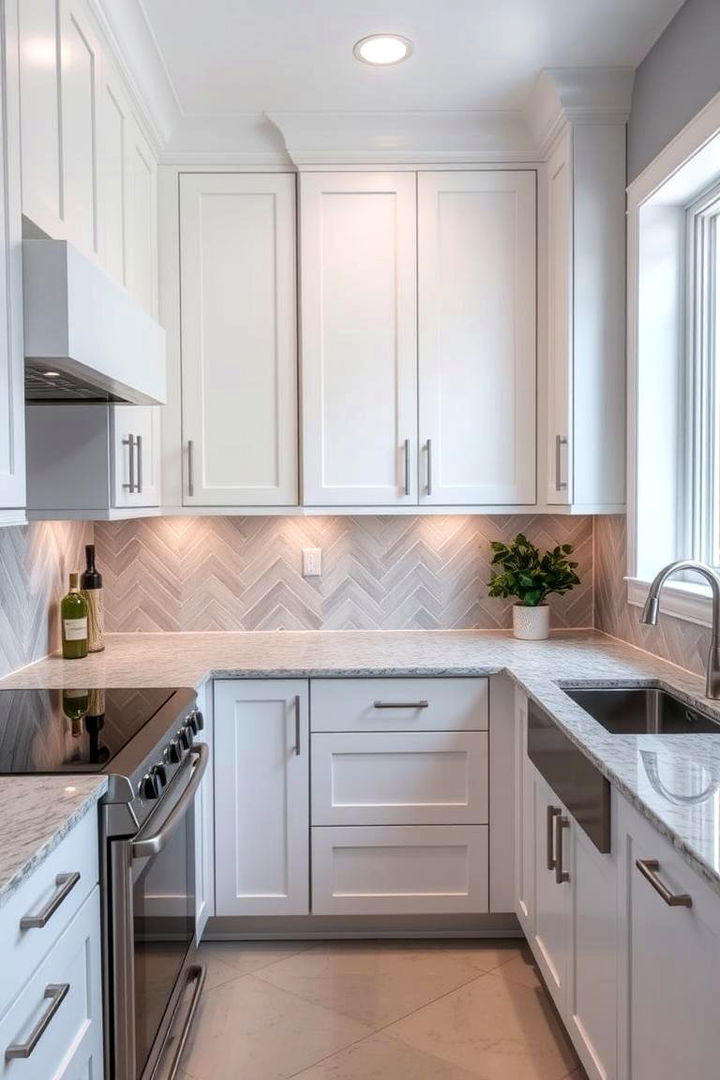 Contemporary Herringbone - 22 Backsplash Ideas for White Cabinets and Granite Countertops