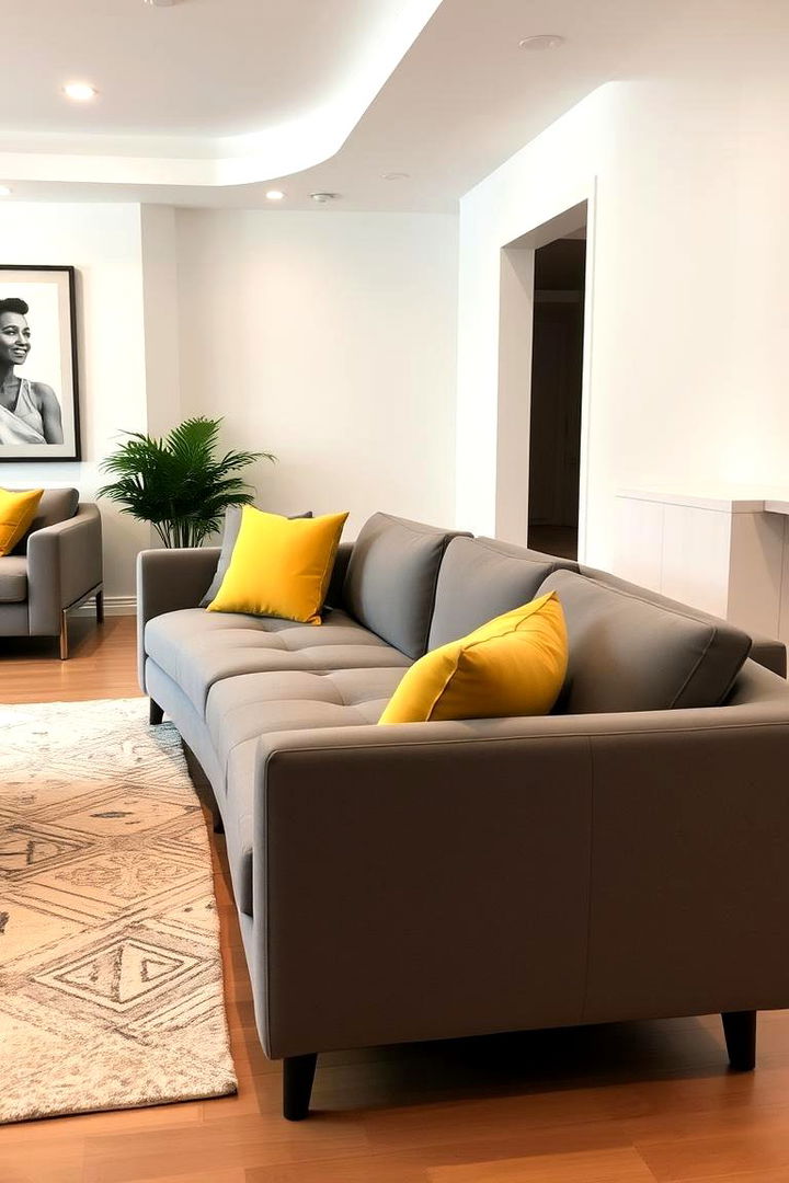Contemporary Lounge with Grey Sofa and Yellow Pillows - 22 Grey and Yellow Living Room Ideas